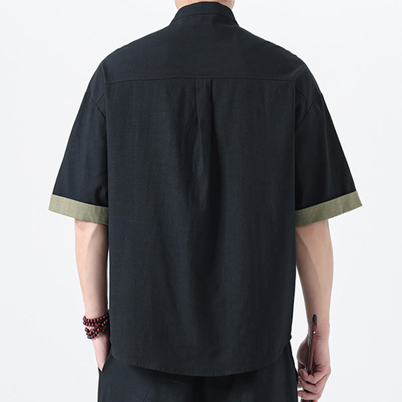 Camicia da uomo in lino e cotone a mezza manica, con bottoni cinesi e Buddha Stones, in tinta unita