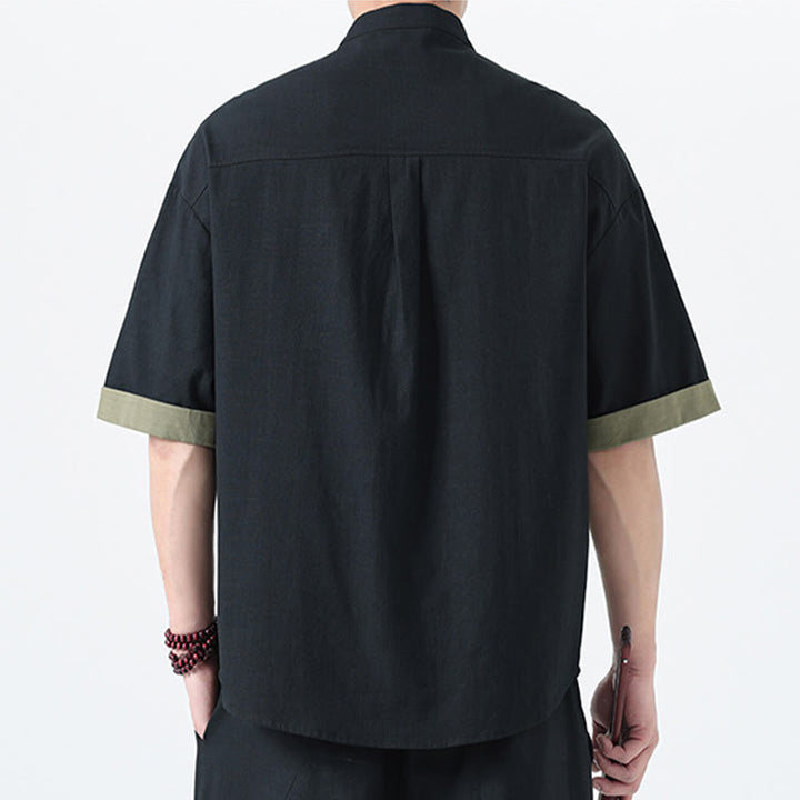 Camicia da uomo in lino e cotone a mezza manica, con bottoni cinesi e Buddha Stones, in tinta unita