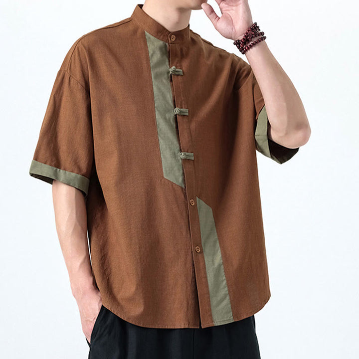 Camicia da uomo in lino e cotone a mezza manica, con bottoni cinesi e Buddha Stones, in tinta unita