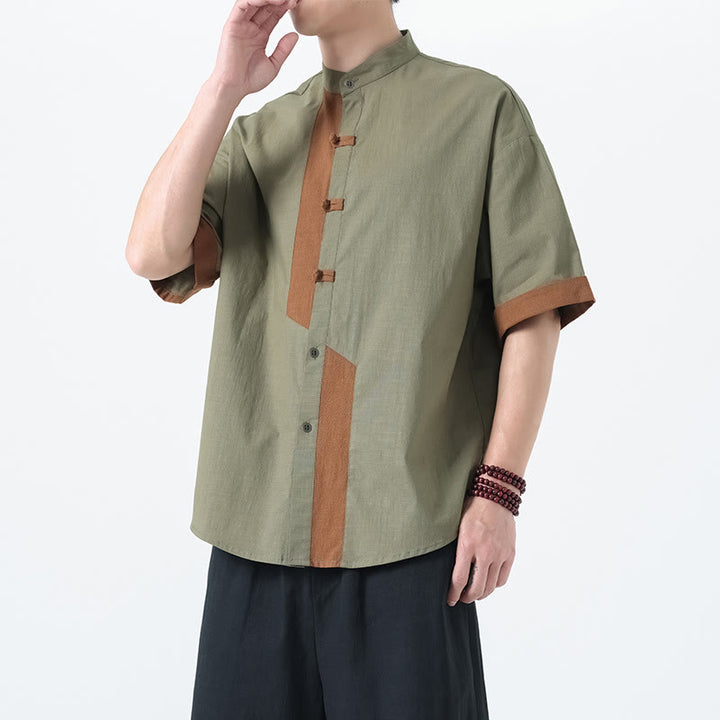 Camicia da uomo in lino e cotone a mezza manica, con bottoni cinesi e Buddha Stones, in tinta unita