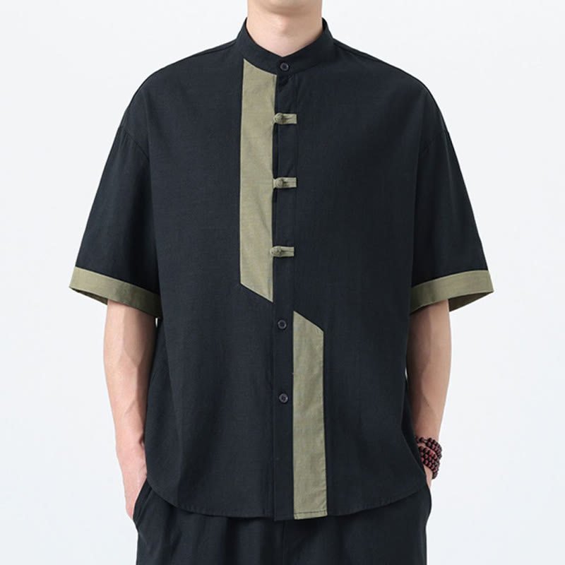 Camicia da uomo in lino e cotone a mezza manica, con bottoni cinesi e Buddha Stones, in tinta unita