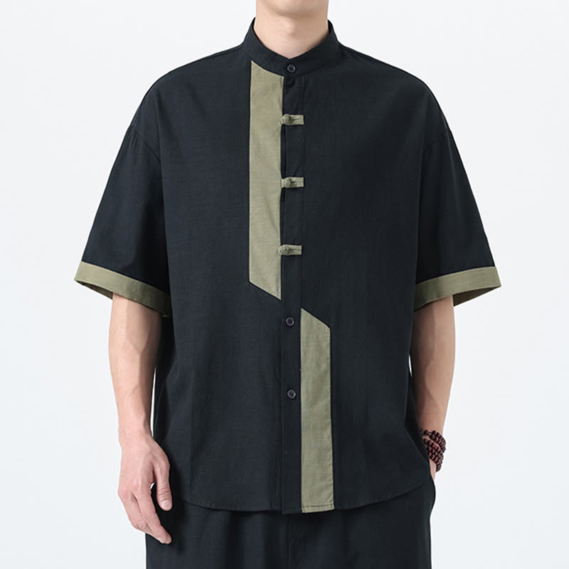 Camicia da uomo in lino e cotone a mezza manica, con bottoni cinesi e Buddha Stones, in tinta unita