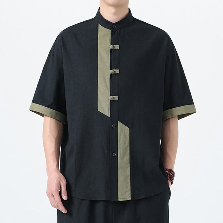 Camicia da uomo in lino e cotone a mezza manica, con bottoni cinesi e Buddha Stones, in tinta unita