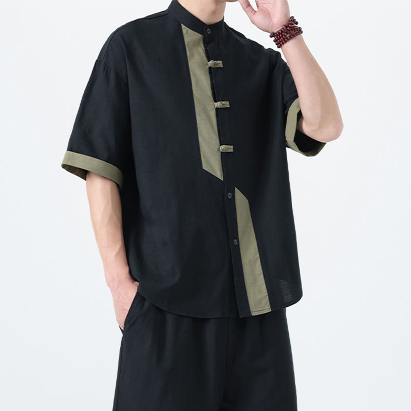 Camicia da uomo in lino e cotone a mezza manica, con bottoni cinesi e Buddha Stones, in tinta unita