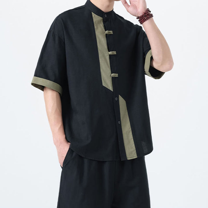 Camicia da uomo in lino e cotone a mezza manica, con bottoni cinesi e Buddha Stones, in tinta unita