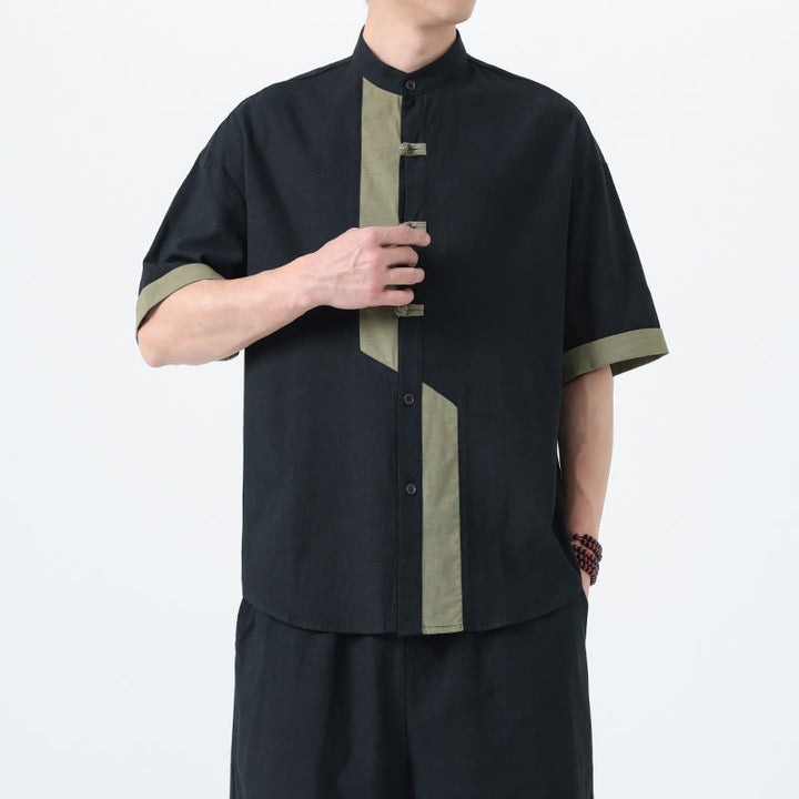 Camicia da uomo in lino e cotone a mezza manica, con bottoni cinesi e Buddha Stones, in tinta unita