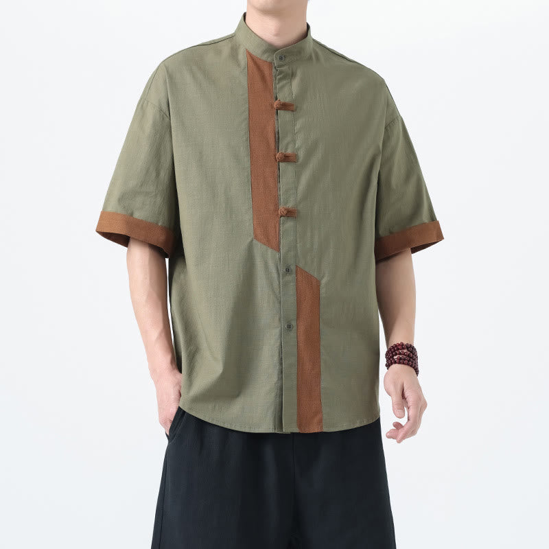 Camicia da uomo in lino e cotone a mezza manica, con bottoni cinesi e Buddha Stones, in tinta unita