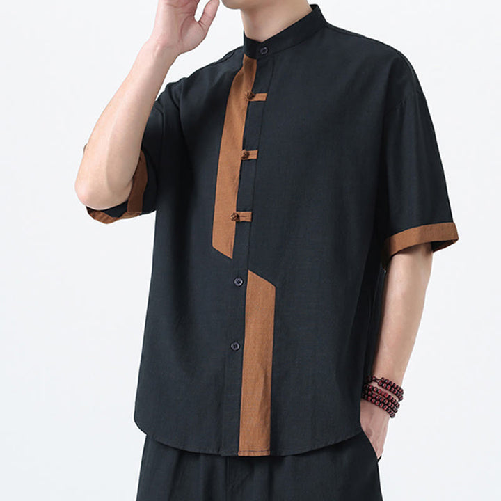 Camicia da uomo in lino e cotone a mezza manica, con bottoni cinesi e Buddha Stones, in tinta unita