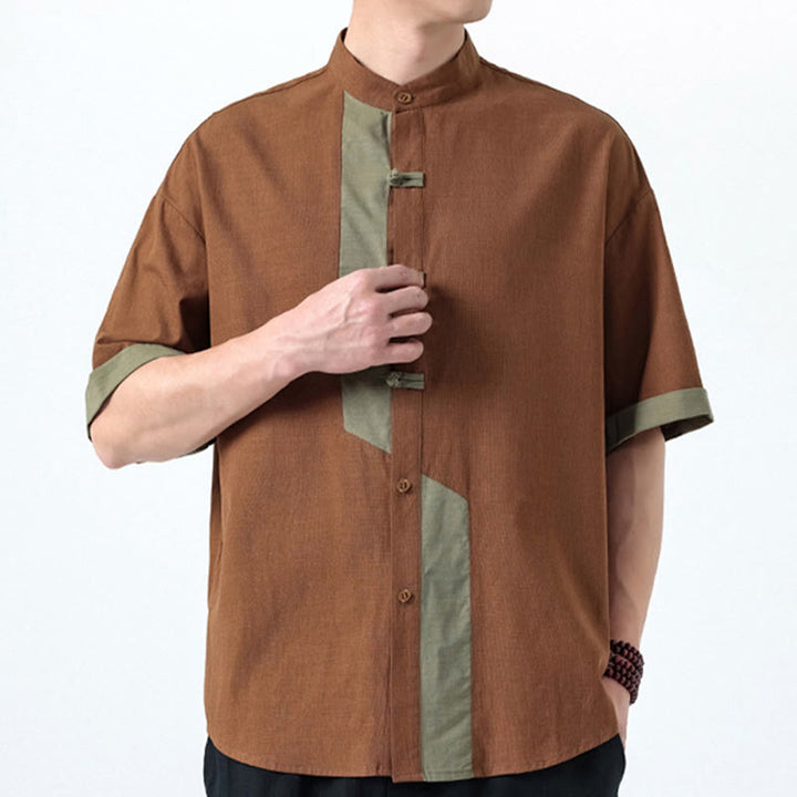 Camicia da uomo in lino e cotone a mezza manica, con bottoni cinesi e Buddha Stones, in tinta unita