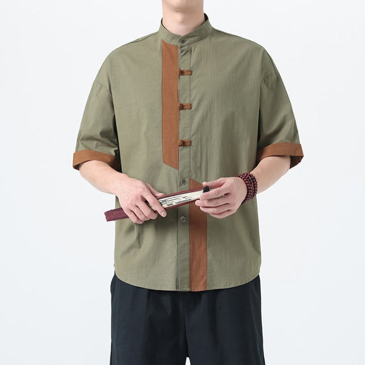 Camicia da uomo in lino e cotone a mezza manica, con bottoni cinesi e Buddha Stones, in tinta unita