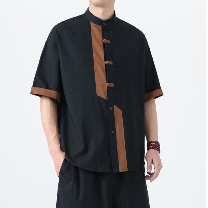 Camicia da uomo in lino e cotone a mezza manica, con bottoni cinesi e Buddha Stones, in tinta unita