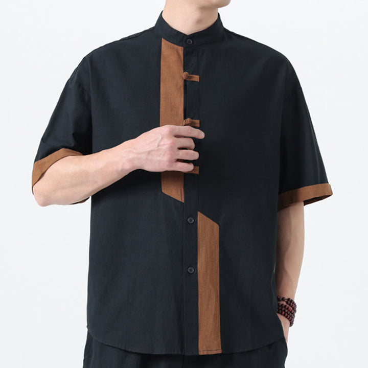 Camicia da uomo in lino e cotone a mezza manica, con bottoni cinesi e Buddha Stones, in tinta unita