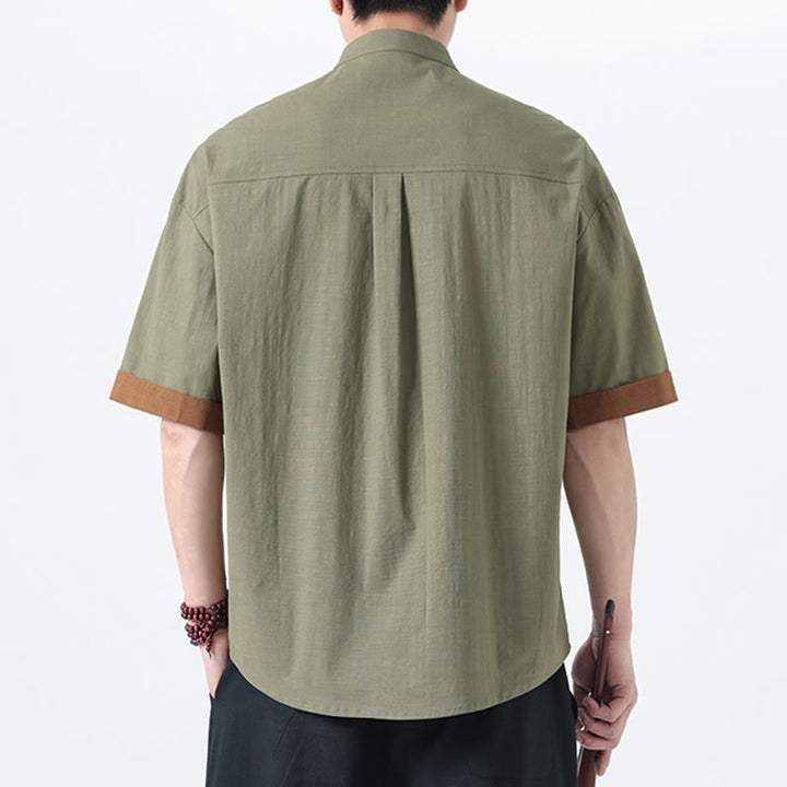Camicia da uomo in lino e cotone a mezza manica, con bottoni cinesi e Buddha Stones, in tinta unita
