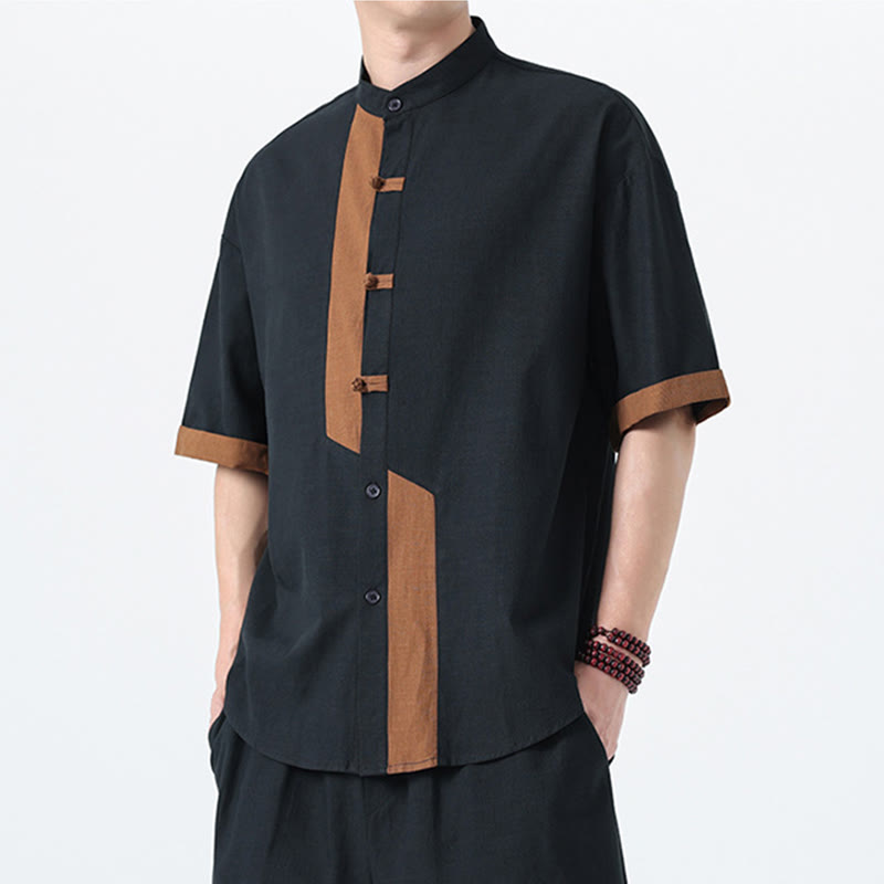 Camicia da uomo in lino e cotone a mezza manica, con bottoni cinesi e Buddha Stones, in tinta unita