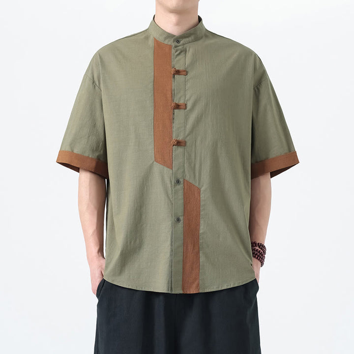 Camicia da uomo in lino e cotone a mezza manica, con bottoni cinesi e Buddha Stones, in tinta unita