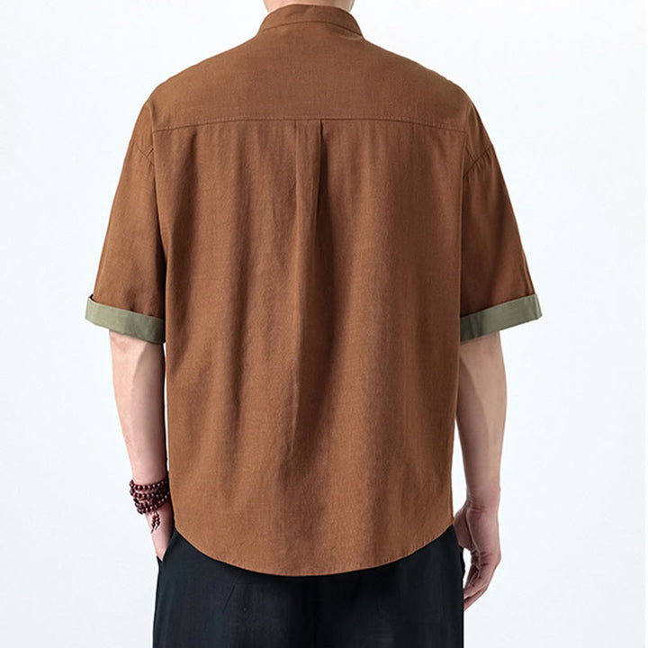 Camicia da uomo in lino e cotone a mezza manica, con bottoni cinesi e Buddha Stones, in tinta unita