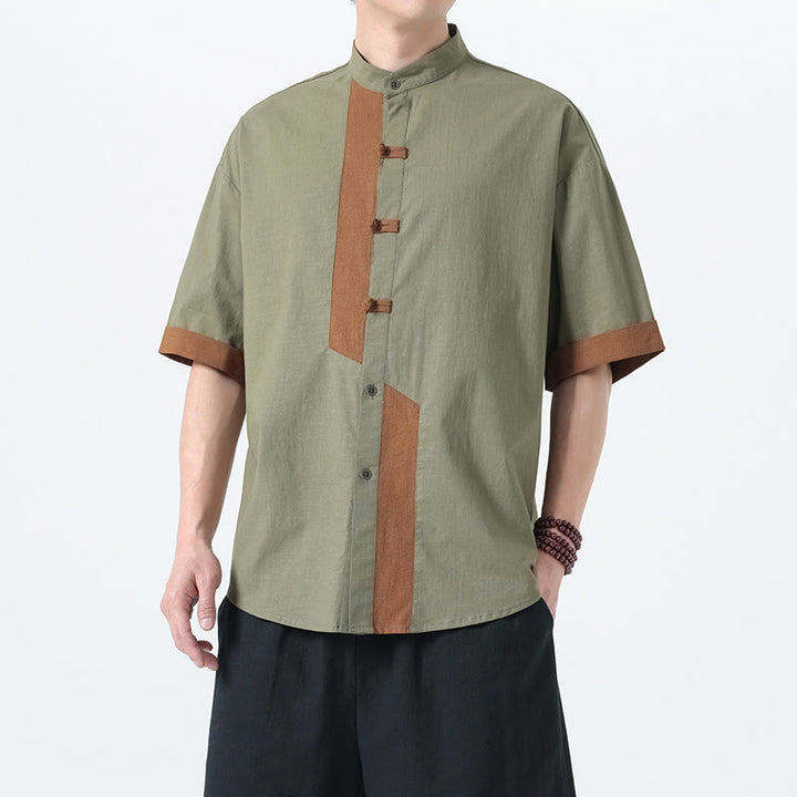 Camicia da uomo in lino e cotone a mezza manica, con bottoni cinesi e Buddha Stones, in tinta unita