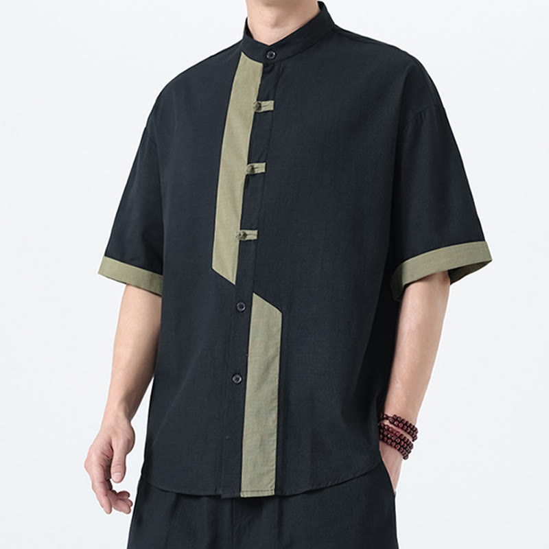 Camicia da uomo in lino e cotone a mezza manica, con bottoni cinesi e Buddha Stones, in tinta unita