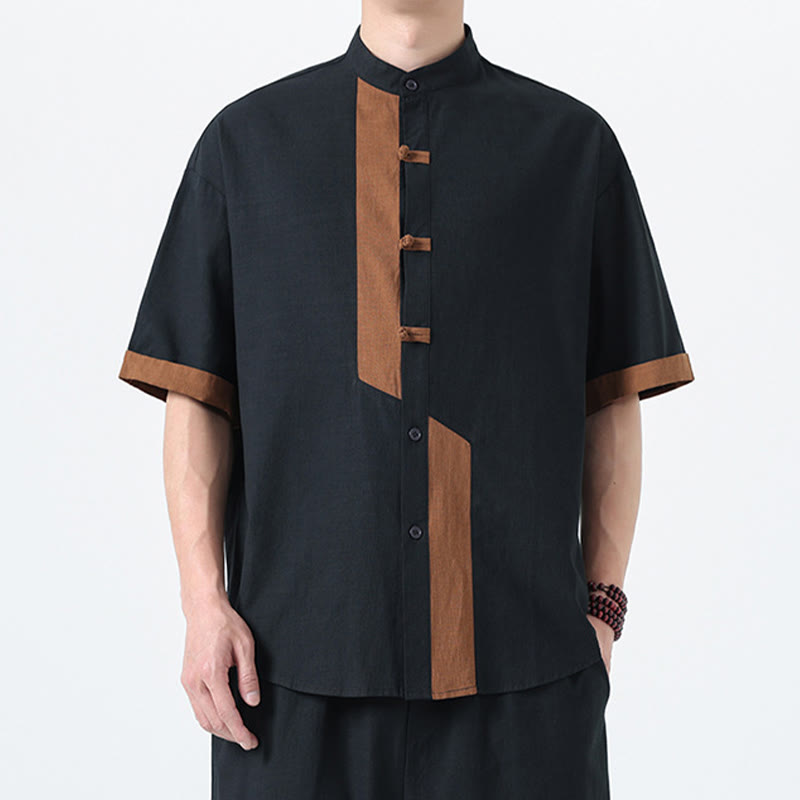 Camicia da uomo in lino e cotone a mezza manica, con bottoni cinesi e Buddha Stones, in tinta unita