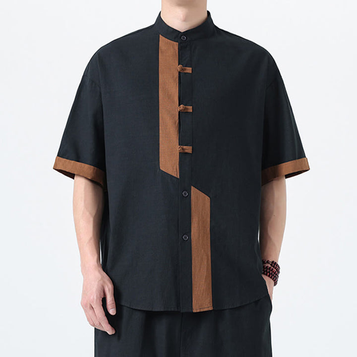 Camicia da uomo in lino e cotone a mezza manica, con bottoni cinesi e Buddha Stones, in tinta unita