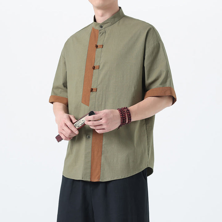 Camicia da uomo in lino e cotone a mezza manica, con bottoni cinesi e Buddha Stones, in tinta unita