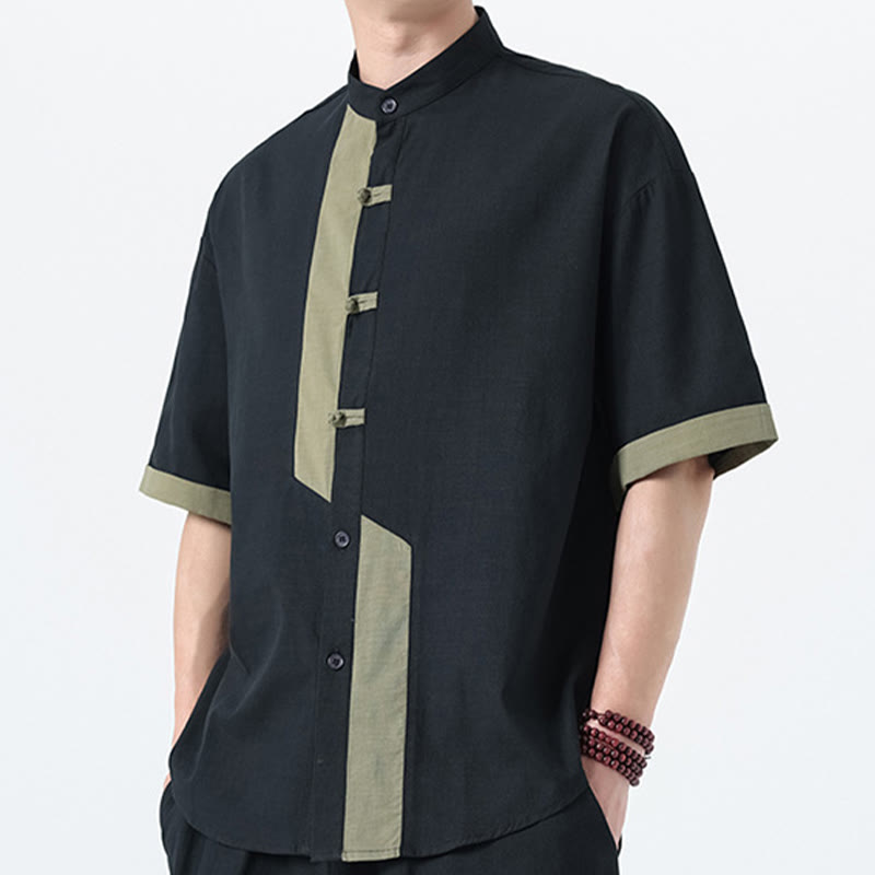 Camicia da uomo in lino e cotone a mezza manica, con bottoni cinesi e Buddha Stones, in tinta unita