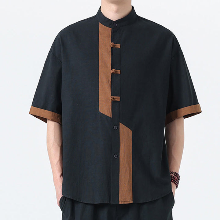 Camicia da uomo in lino e cotone a mezza manica, con bottoni cinesi e Buddha Stones, in tinta unita