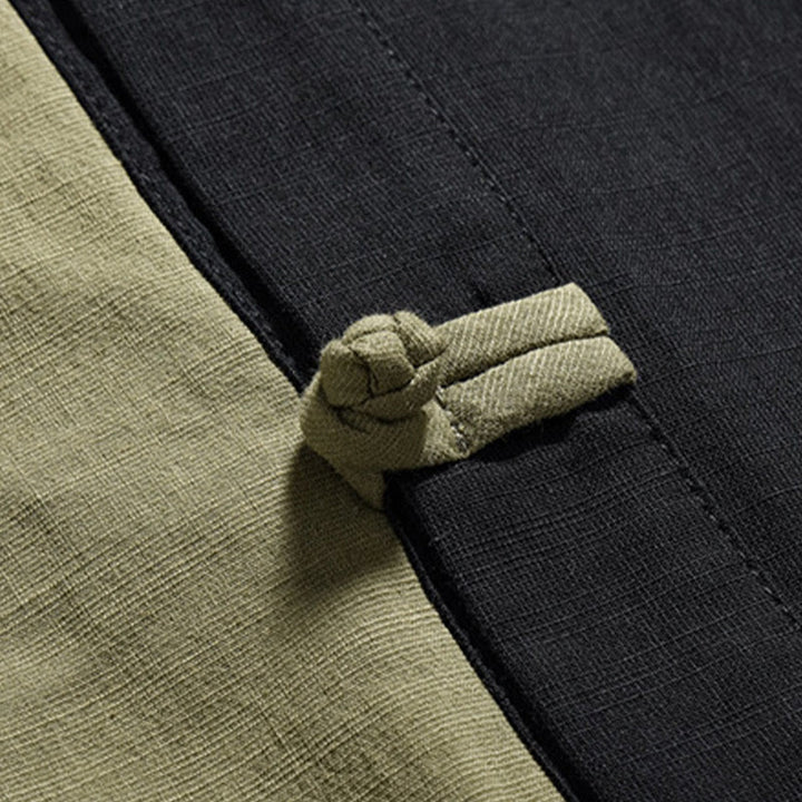 Camicia da uomo in lino e cotone a mezza manica, con bottoni cinesi e Buddha Stones, in tinta unita