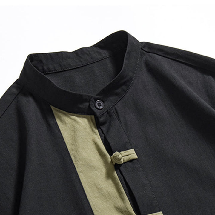 Camicia da uomo in lino e cotone a mezza manica, con bottoni cinesi e Buddha Stones, in tinta unita