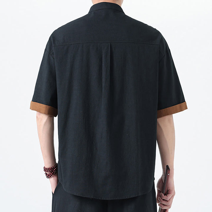 Camicia da uomo in lino e cotone a mezza manica, con bottoni cinesi e Buddha Stones, in tinta unita