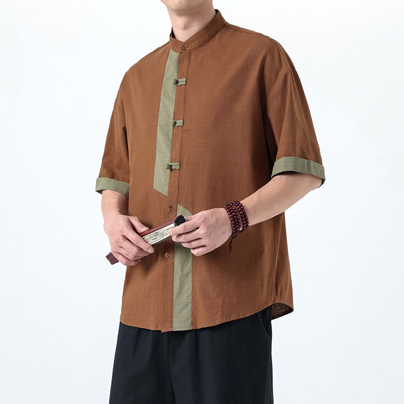 Camicia da uomo in lino e cotone a mezza manica, con bottoni cinesi e Buddha Stones, in tinta unita