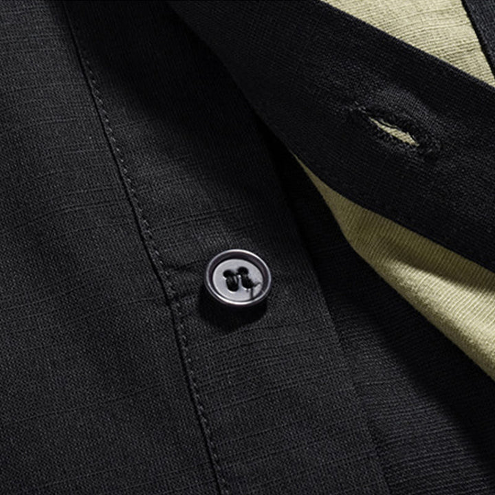 Camicia da uomo in lino e cotone a mezza manica, con bottoni cinesi e Buddha Stones, in tinta unita
