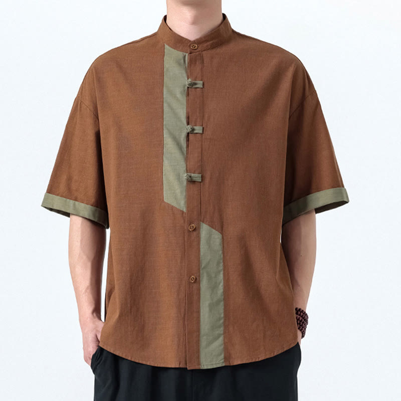 Camicia da uomo in lino e cotone a mezza manica, con bottoni cinesi e Buddha Stones, in tinta unita