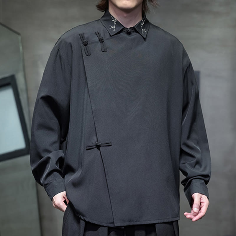 Camicia da uomo a maniche lunghe con risvolto, motivo a rana cinese vintage, colore puro, Buddha Stones e bottoni ricamati - image 1