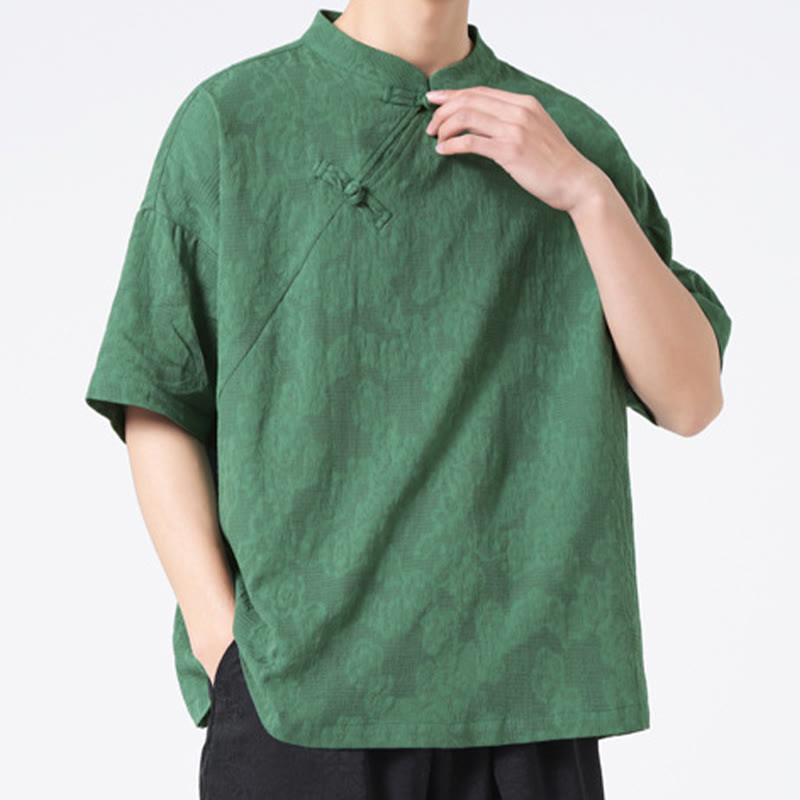 Camicia da uomo in cotone e lino a maniche corte, in jacquard, con motivo floreale, motivo a rana, stile retrò, motivo Buddha Stones, colore puro - SeaGreen - US/UK/AU46, EU56 (5XL) - image 0