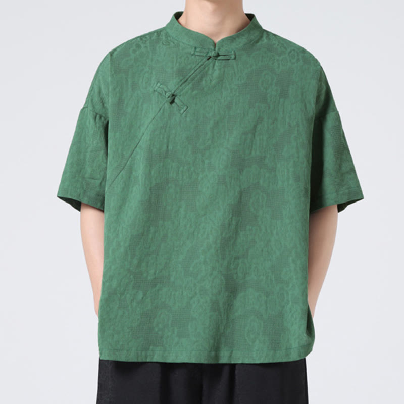 Camicia da uomo in cotone e lino a maniche corte, in jacquard, con motivo floreale, motivo a rana, stile retrò, motivo Buddha Stones, colore puro - image 1