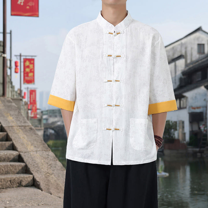 Camicia da uomo in cotone a maniche corte con tasche, colletto alto, motivo floreale con stampa retrò Buddha Stones, motivo a rana e bottoni