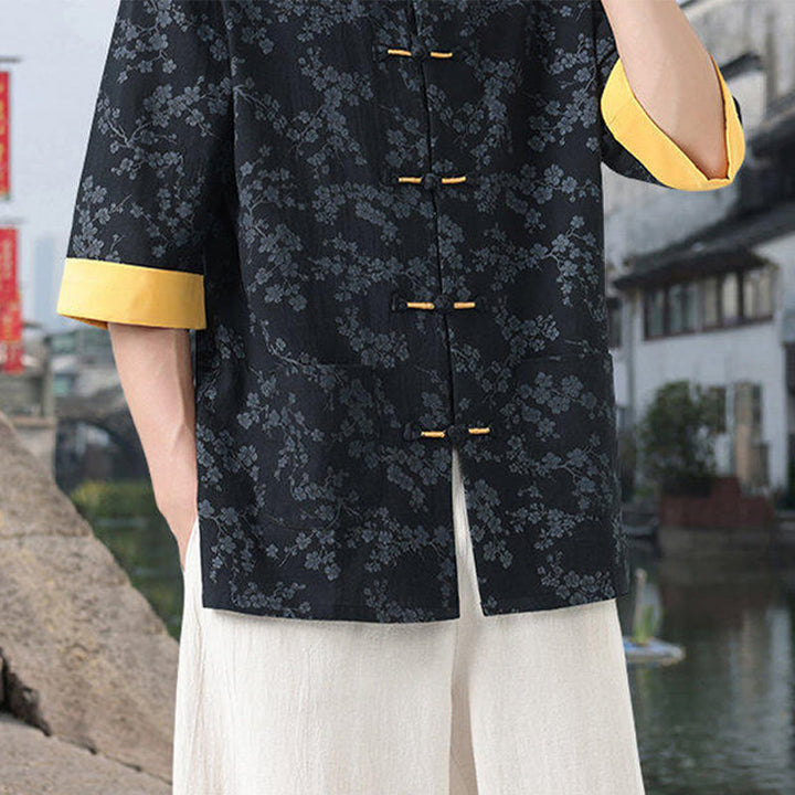 Camicia da uomo in cotone a maniche corte con tasche, colletto alto, motivo floreale con stampa retrò Buddha Stones, motivo a rana e bottoni