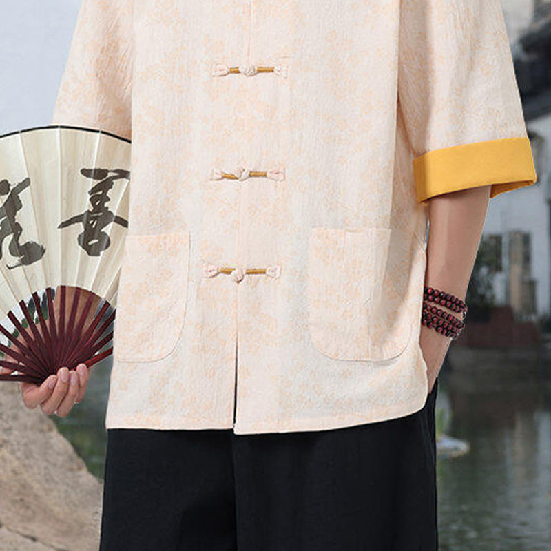 Camicia da uomo in cotone a maniche corte con tasche, colletto alto, motivo floreale con stampa retrò Buddha Stones, motivo a rana e bottoni