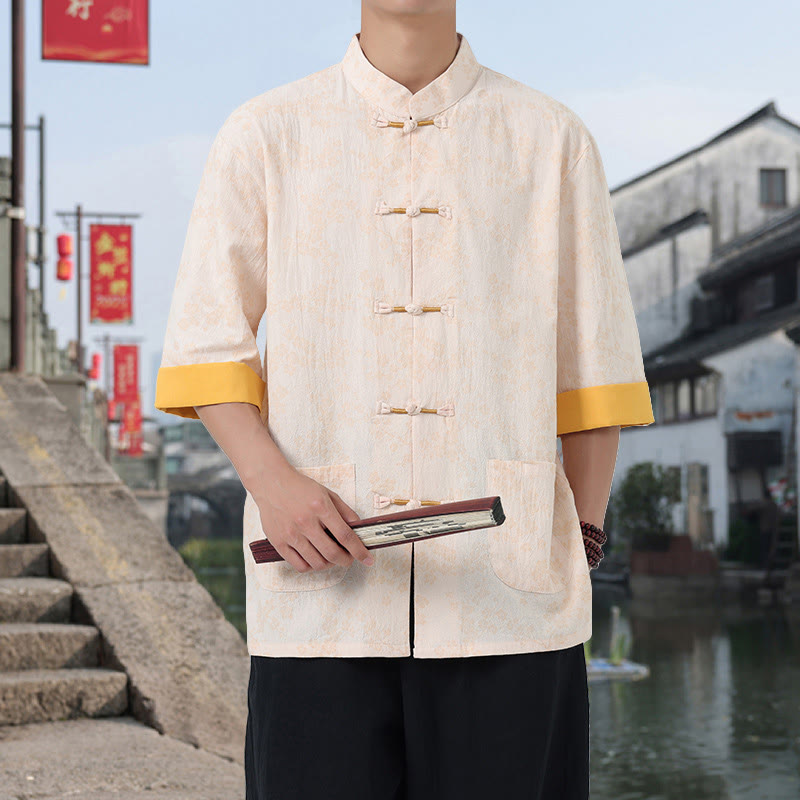 Camicia da uomo in cotone a maniche corte con tasche, colletto alto, motivo floreale con stampa retrò Buddha Stones, motivo a rana e bottoni