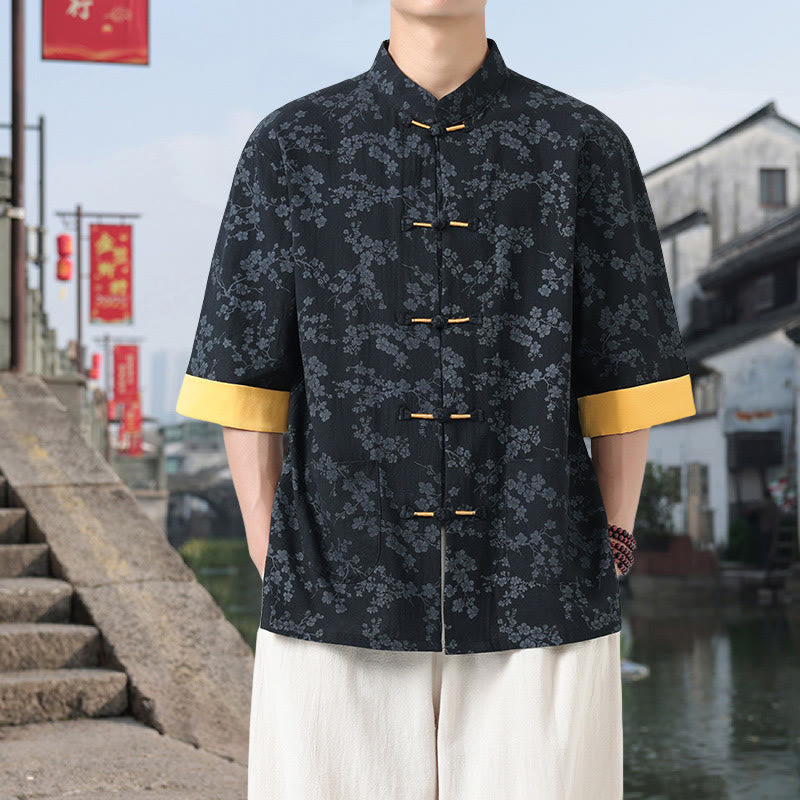 Camicia da uomo in cotone a maniche corte con tasche, colletto alto, motivo floreale con stampa retrò Buddha Stones, motivo a rana e bottoni