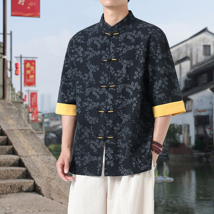 Camicia da uomo in cotone a maniche corte con tasche, colletto alto, motivo floreale con stampa retrò Buddha Stones, motivo a rana e bottoni