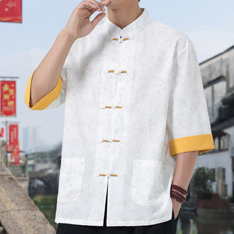 Camicia da uomo in cotone a maniche corte con tasche, colletto alto, motivo floreale con stampa retrò Buddha Stones, motivo a rana e bottoni