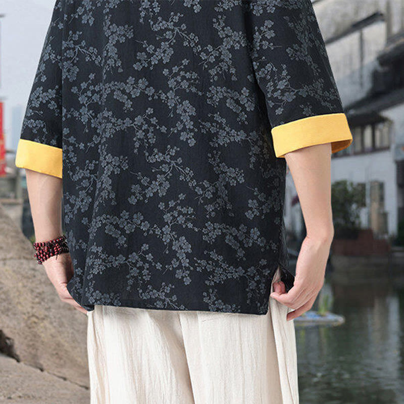 Camicia da uomo in cotone a maniche corte con tasche, colletto alto, motivo floreale con stampa retrò Buddha Stones, motivo a rana e bottoni