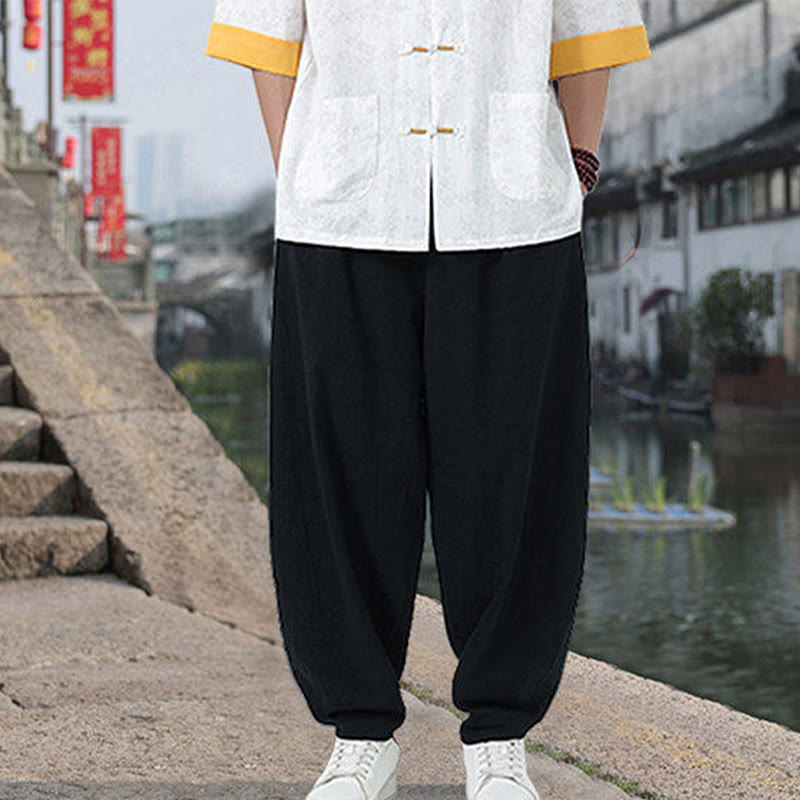 Camicia da uomo in cotone a maniche corte con tasche, colletto alto, motivo floreale con stampa retrò Buddha Stones, motivo a rana e bottoni