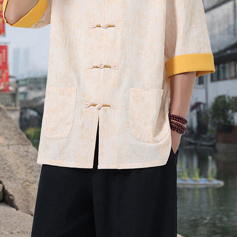Camicia da uomo in cotone a maniche corte con tasche, colletto alto, motivo floreale con stampa retrò Buddha Stones, motivo a rana e bottoni