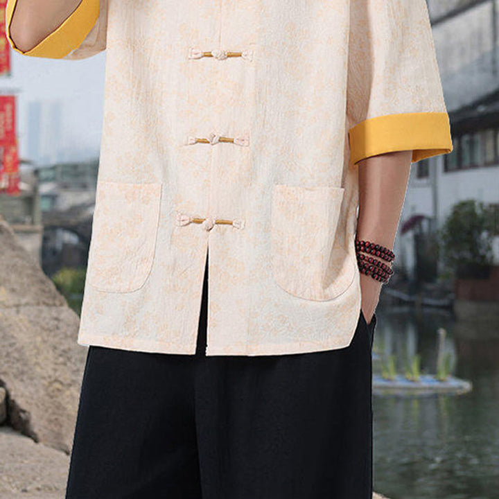 Camicia da uomo in cotone a maniche corte con tasche, colletto alto, motivo floreale con stampa retrò Buddha Stones, motivo a rana e bottoni