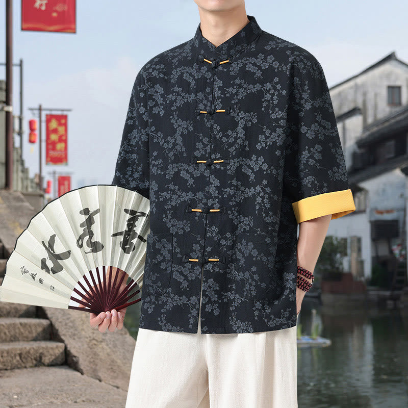 Camicia da uomo in cotone a maniche corte con tasche, colletto alto, motivo floreale con stampa retrò Buddha Stones, motivo a rana e bottoni