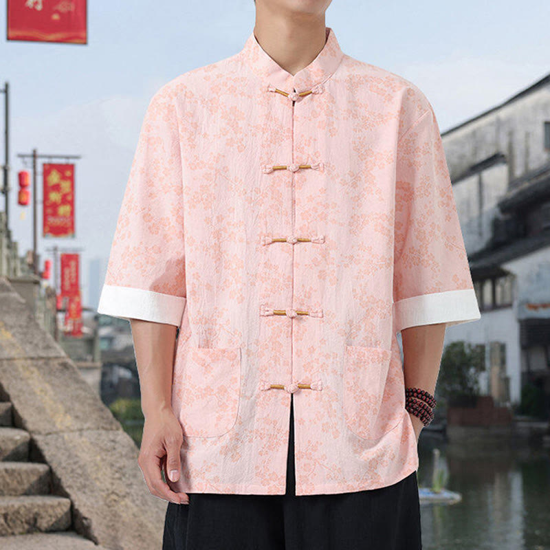 Camicia da uomo in cotone a maniche corte con tasche, colletto alto, motivo floreale con stampa retrò Buddha Stones, motivo a rana e bottoni