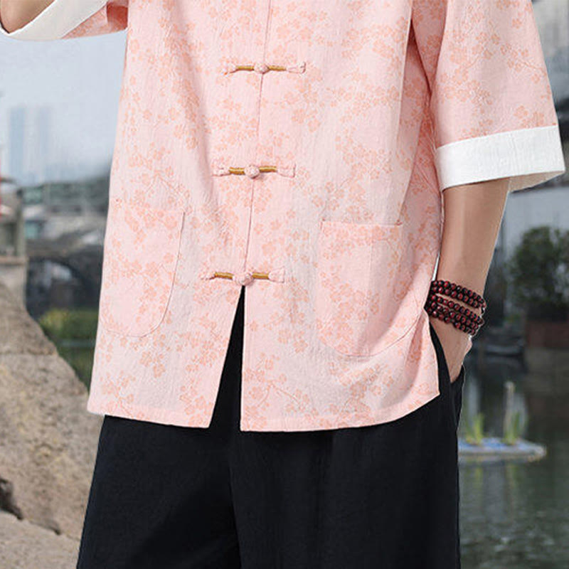 Camicia da uomo in cotone a maniche corte con tasche, colletto alto, motivo floreale con stampa retrò Buddha Stones, motivo a rana e bottoni